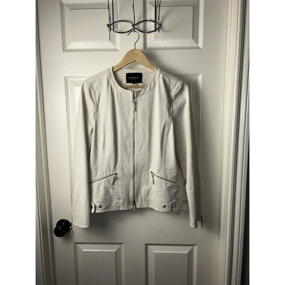 Lafayette 148 New York Cairo Cream Color Full Zip Polyamide Moto Jacket size 12 - Picture 2 of 12